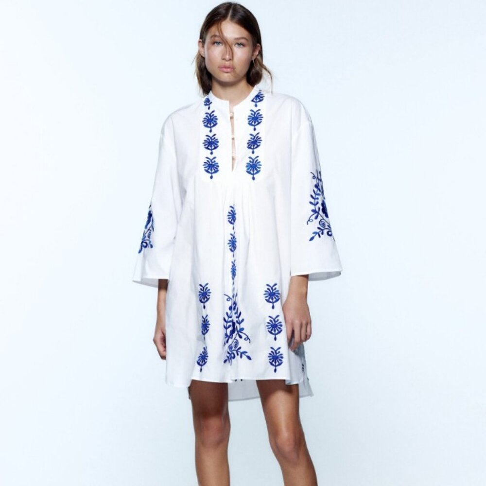 Zara White Tunic Dress with Blue Embroidery